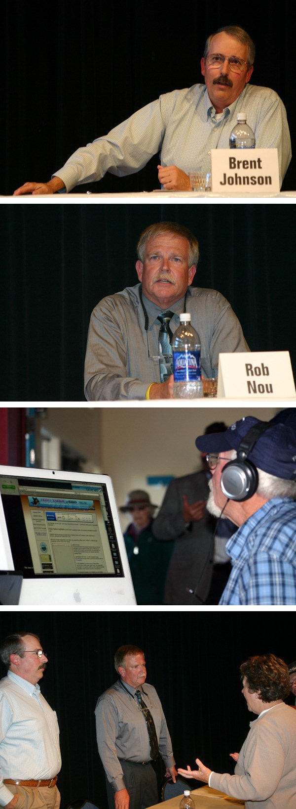 About 100 people attended the Sheriff Candidates Forum Sept. 28 in the San Juan Community Theatre's Gubelman Theatre. Top photo: Candidate Brent Johnson. Second photo: Candidate Rob Nou. Third photo: Ken Norris of Friday Harbor tinyRadio 1650 AM broadcasts the event live. Bottom photo: Lori Stokes of Friday Harbor meets the candidates after the forum.