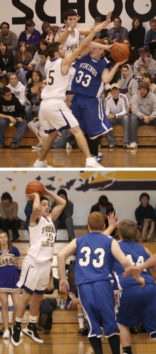 Top; Friday Harbor's full-court press kicks into gear as Austin Scheffer and Preston Ukra trap the Vikings Alan Coe in the backcourt.  Below; Friday Harbor junior Mike Ausilio elevates and knocks down the first of his two shots from beyond the 3-point arc in Tuesday's 52-35 win over Orcas in Turnbull Gym.