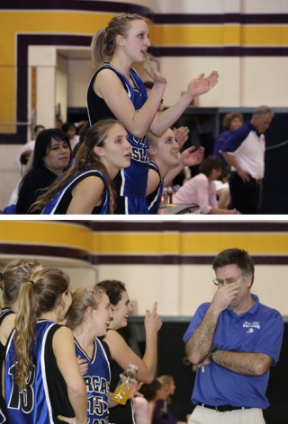 Top; The Vikings Anika Thomas applauds as sophomore April Hofman beats the buzzer with a desperation 3-point shot in Tuesday's 44-33 win at Friday Harbor. (Friday Harbor Head Coach Eric Jangard - in the background -- hangs his head in disbelief).    Below; The Vikings celebrate sophomore April Hofman's buzzer-beater while Head Coach Terry Moran-Hodge attempts to hide an embarrassed grin.
