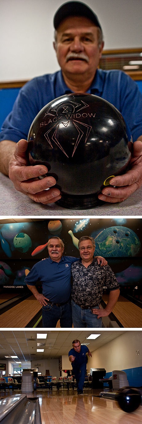 Top photo: Jim Cumming displays the Black Widow bowling ball he used to roll a 300 game Dec. 7 at Paradise Lanes. Middle photo: Cumming gives Paradise Lanes manager Scott Olinger credit for his improved performance. Bottom photo: Cumming shows off the form that contributed to his perfect game.