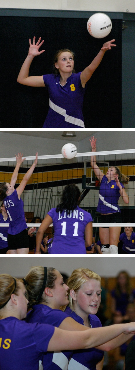 Top; Freshman Kaylen Meeker keeps her eyes on the ball as she serves up a winner in the Wolverines victory Tuesday at home over Concrete. Middle