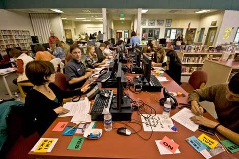 The phones are manned by a team of volunteers at the 5th annual public schools foundation Phone-A-Thon Monday at Friday Harbor High School.