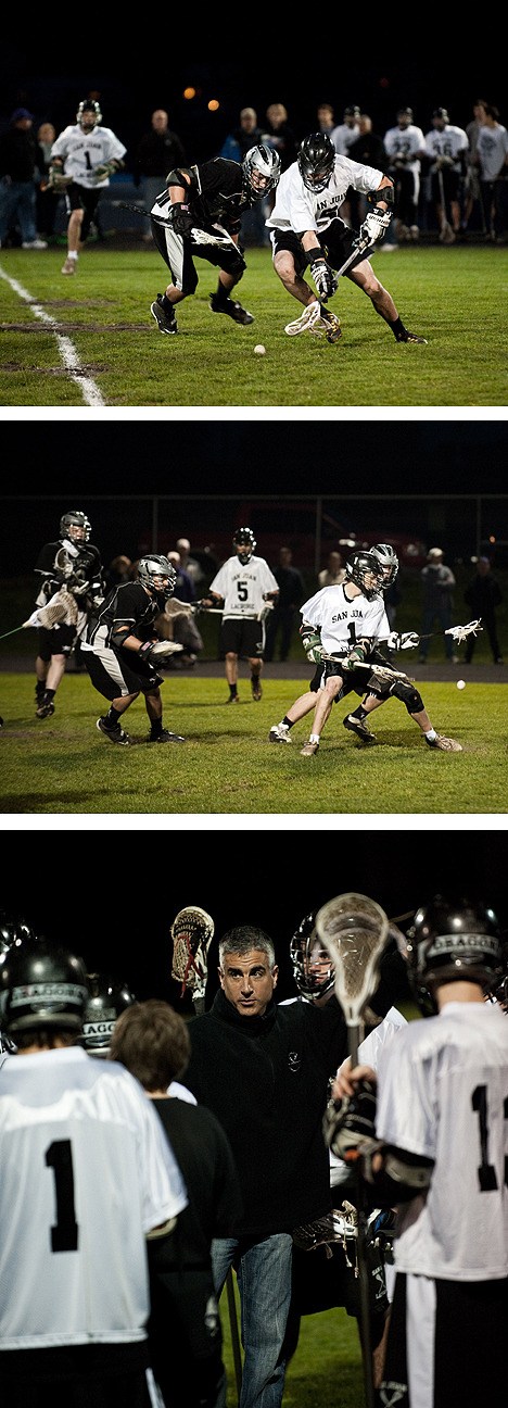 Top photo: San Juan's Michael Ausilio (5) scoops up a ground ball early in the Dragons' home game Saturday vs. Skagit Valley. Middle photo: San Juan's Forest Dayton (1) battles a Skagit Valley player for possession. Bottom photo: San Juan Coach Rob Cuomo advises his team during a break in play. The Dragons won the game 15-5.