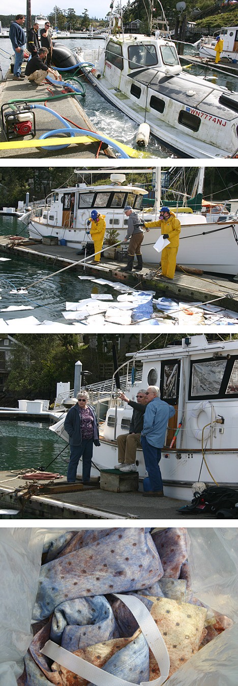 Top photo: A-1 Marine salvage workers lift the Straits Explorer using inflatable bags and pumps