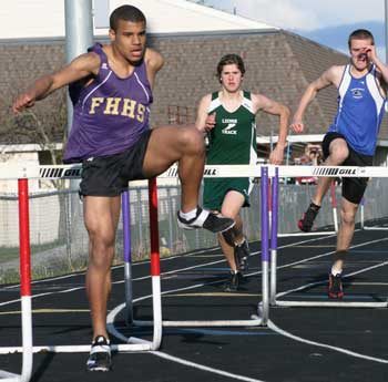 Friday Harbor freshman Willie Blackmon leads the field in the 300m hurdles in a league match up earlier this season