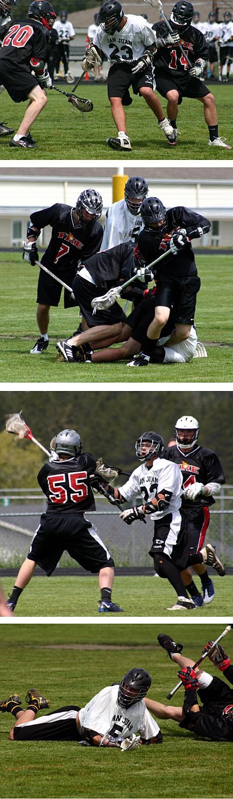 Top photo: San Juan senior attackman Ryan Guard gets squeezed by two Gig Harbor defenders en route to a scoring attempt