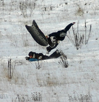 A snowboarder gets some air at Lafarge Park (the former gravel pit)