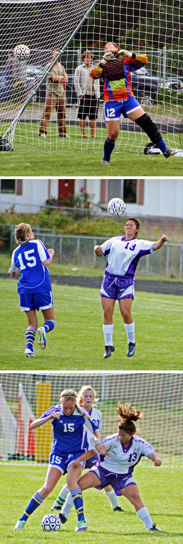 Top photo: A shot by Friday Harbor senior Hannah Starr gets by South Whidbey's goalie