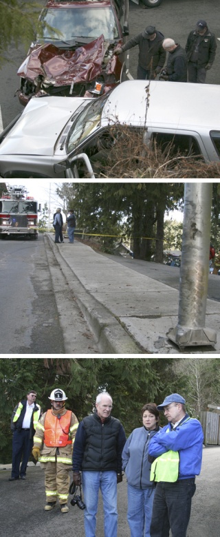 Top photo: A white Jeep 4-Runner went off the road at Turn Point Road and Harrison Street today