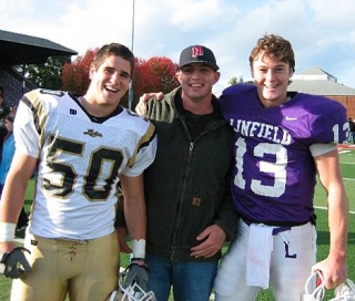 Former Wolverines Tim Cumming (No. 50) and Cole Franklin (No. 13) meet Saturday in the PLU-Linfield game in Puyallup. Here