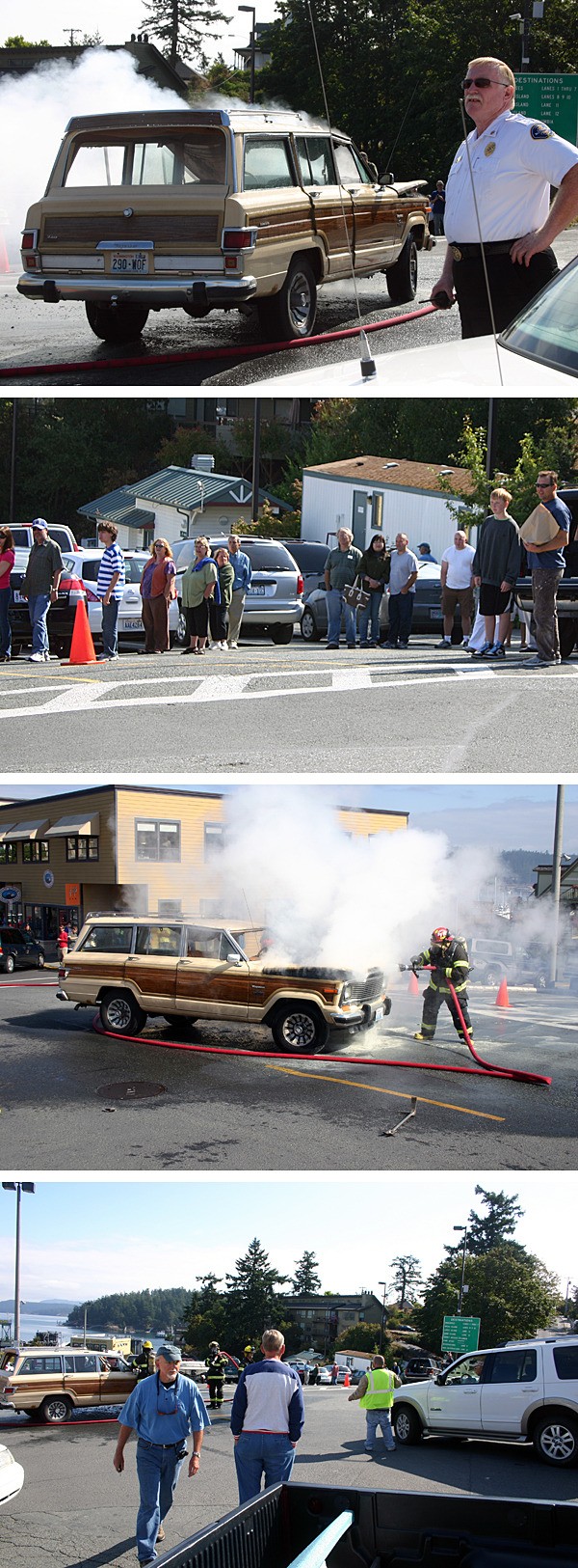 Top photo: A Jeep Wagoneer smolders as Fire Chief Vern Long directs his department's response. Second photo: Onlookers watch firefighters from the Friday Harbor ferry landing. Third photo: A firefighter extinguishes the fire in the car's engine compartment. Bottom photo: Ferry traffic is directed around the fire scene.