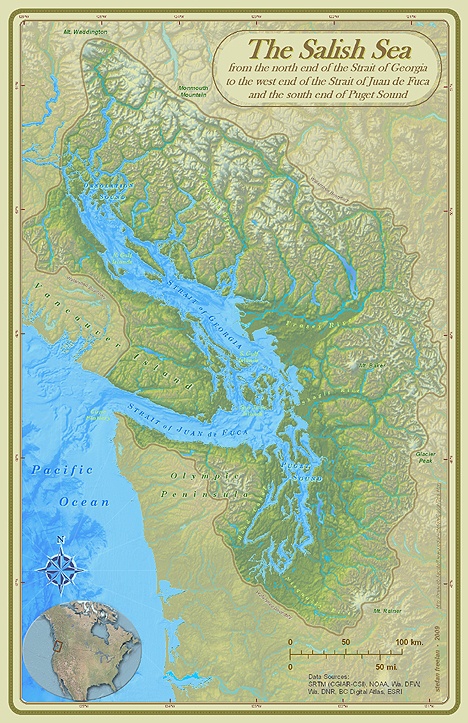 The Salish Sea extends from the north end of Georgia Strait to the west end of the Strait of Juan de Fuca to the south end of Puget Sound.