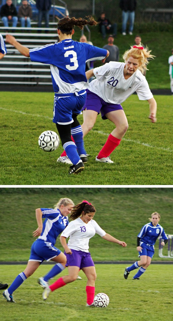 Top photo: Friday Harbor senior Maggie Andersen (20) works to regain possession during the Wolverines' 1-0 win over Orcas