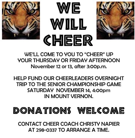 The Friday Harbor Tiger cheerleaders will visit businesses and homes upon request to cheer for donations Nov. 12 and 13