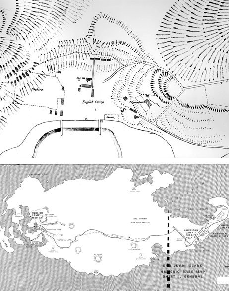 Mitchell Hill includes a portion of the military road developed by American and British troops during the joint military occupation of 1859-1872. The road led from English Camp (top right in top photo) to American Camp (bottom photo).