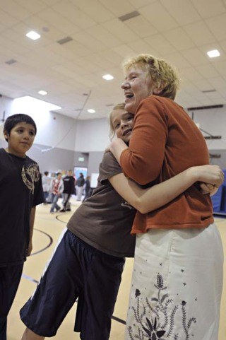 Outgoing Principal Jody Metzger received hugs from the entire school Monday