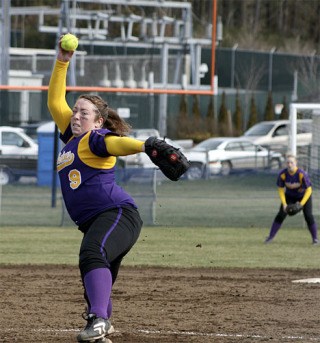 Friday Harbor junior Kerri Goff tossed a five-inning no-hitter to pick up the win vs. Concrete in Game 1 Saturday at home. That's Brooke Jangard in centerfield.