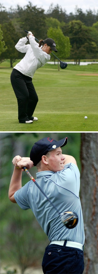 Top photo: Friday Harbor sophomore Megan Cuomo shot 88-91-179 to place sixth among girls at the 1A State Golf Tournament at Columbia Point Golf Course in Richland. Bottom photo: Friday Harbor senior Dustin Howard shot 74-77-151 to finish 19th among boys.  The Wolverines finished fifth overall.