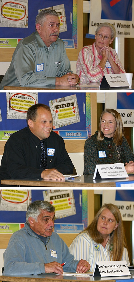 Top photo: Mayoral candidate Robert Low responds to a question as fellow candidate Carrie Lacher listens. Middle photo: Island Rec Commission candidates Jeremy Talbott and Amy Windrope's responses were sometimes humorous. Bottom photo: Prop. 1 opponent Bob Levinson and County Councilwoman Lovel Pratt