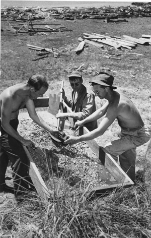 Dr. Arden King and field school class unearth a whet stone during an excavation at South Beach under the auspices of the University of Washington in 1946-47. Dr. Julie Stein will guide visitors through the King site Saturday