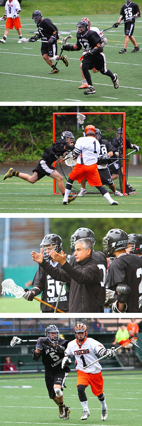 Top photo: San Juan’s Alex Michael and Michael Ausilio run up field during Saturday’s Division II state lacrosse championship at Seattle’s Memorial Stadium.  Lynnwood defeated San Juan 16–7 for its first state lacrosse crown. Second photo: San Juan’s Michael Ausilio puts a hit on Lynnwood’s Trey Knowles (No. 1 white) as Knowles scores his first of four goals on Dragon goalkeeper Calen Mehrer