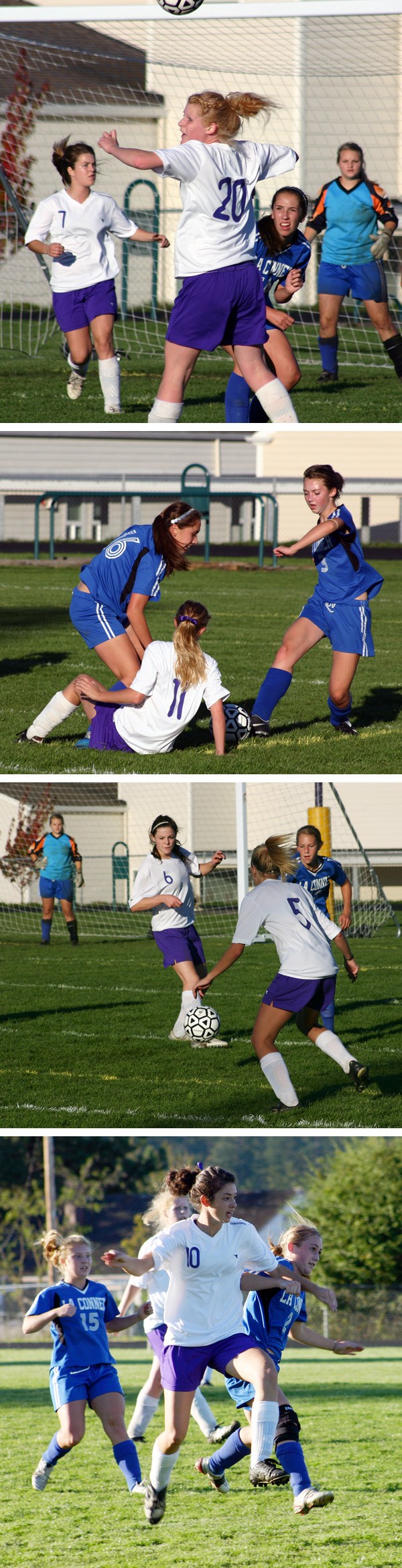Top photo: Friday Harbor senior Maggie Andersen (20) tries to keep the ball in scoring position vs. La Conner