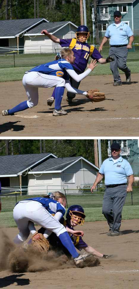 Shortstop Hannah Starr beats the throw to steal third in the Wolverines’ regular-season finale against Adna. The Pirates