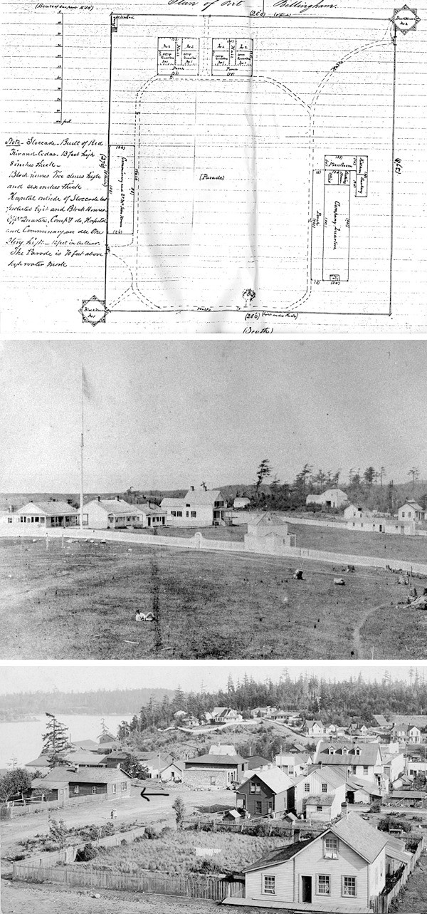 The Brown House through the years. Top photo: The Brown House is one of the two officers quarters seen at the top of the parade grounds in this plan of Fort Bellingham in the 1850s. Middle photo: Second from left