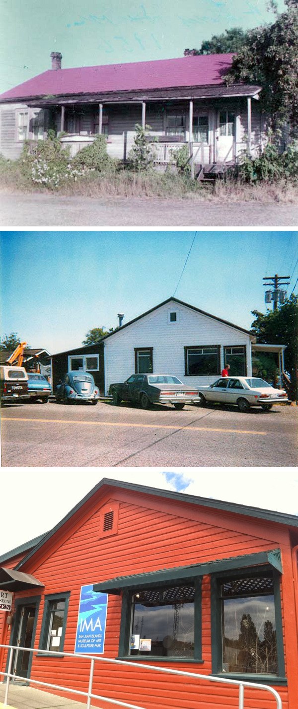 Top photo: The Brown House in 1956. Middle photo: The Brown House in 1985; an addition has been added at left. Bottom photo: As the San Juan Islands Museum of Art