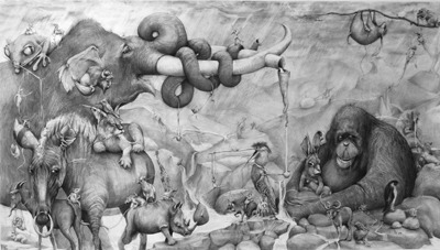 A detailed portion of artwork is by Adonna Khare 60 inches x 30 feet.  The artists uses carbon pencil on paper.