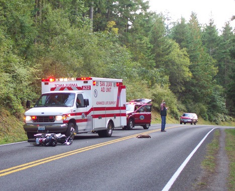 A Friday Harbor man was medflighted off-island for treatment of a possible head injury and severe cuts on his face after his motorcycle collided with a deer on Turn Point Road just before Black Road