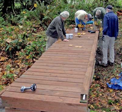 Park volunteers install a puncheon over a creek on a temporary trail between Bell Point at English Camp and Westcott Bay.