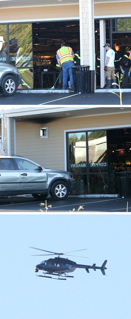 Top and middle photos: A Volvo SUV drove into the deli at Lopez Village Market