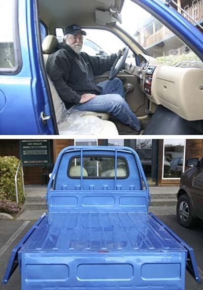 Top photo: Brad Pillow behind the wheel of his Zap pickup truck