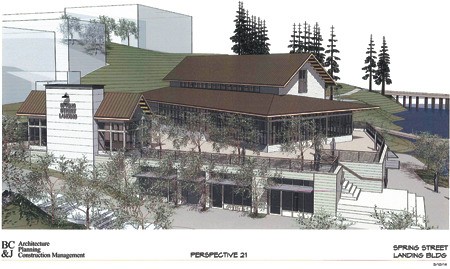 A revised design for replacement of the Spring Street Landing Building features a pitched roof and outdoor decks.