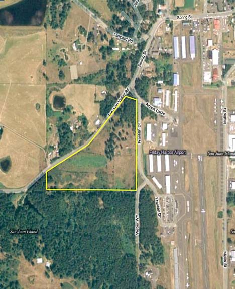 The proposed site of Peace Island Medical Center. The public will access the medical center from San Juan Valley Road; the medical center will have emergency access to Friday Harbor Airport.