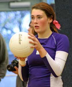 Friday Harbor's Madie Kincaid prepares to serve in the Wolverines 3-1 home win Thursday
