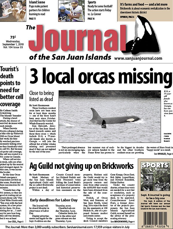 Three Southern resident orcas are missing; one hasn't been seen since October 2009. It's the top story on page 1 of the Sept. 1 Journal.