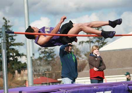 Friday Harbor freshman Jerray Napier clears the high jump bar in a mid-season home.  He placed 2nd at the BCS Invite with a 5' 10' jump