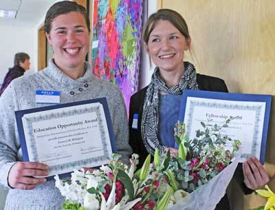 From left; 2015 honorees Emma Billington and Natasha Frey display their respective awards at the Friday Harbor Soroptimists International's annual Notable Women's Luncheon