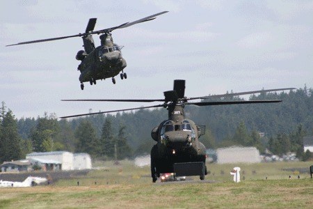 A pair of military Chinook helicopters were one of the more visitors to Friday Harbor Airport