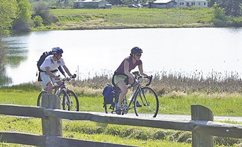 Bicyclists on a tour of the backroads of San Juan Island.