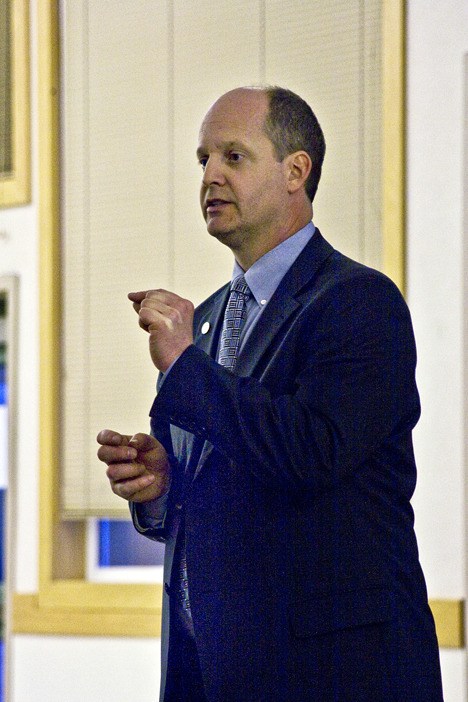 Lynden School District Superintendent Rick Thompson answers a question from the public during an introductory forum