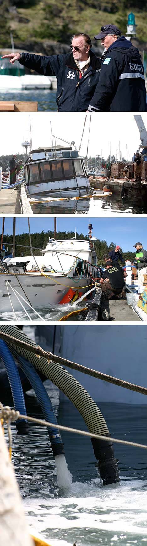 Top photo: Eldorado owner Richard Olin and the Ecology Department's Carl Anderson confer at the site of the boat's raising. Second photo: The Eldorado is raised using a crane and inflatable bags. Third photo: Salvage crew begin pumping water from the boat. Bottom photo: Water is removed from the Eldorado so it can be towed to Cap Sante Marina for repairs.