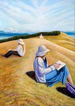 Artists ponder perspective at the American Camp Redoubt in this painting by San Juan Island's Nancy Spaulding.