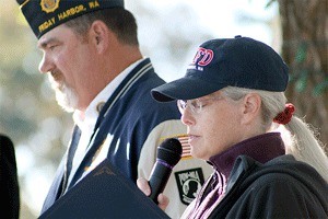 Friday Harbor Mayor Carrie Lacher reads a dedication at the town's annual Sept. 11 memorial observance