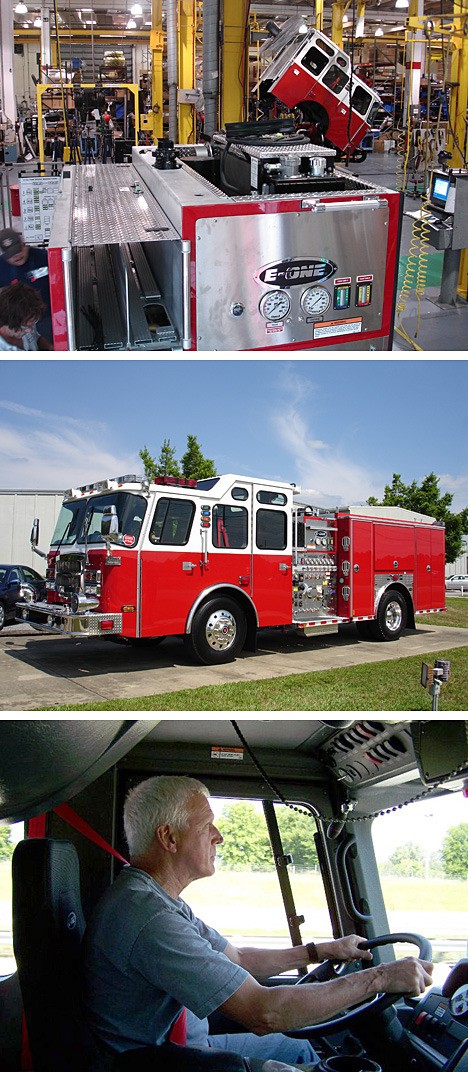 Top photo: Friday Harbor's new fire engine being inspected at the manufacturer. Middle photo: Friday Harbor's new fire engine before embarking on its cross-country trip from Ocala