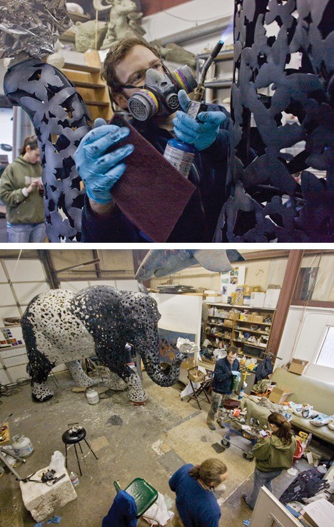 Top photo: Working on his elephant sculpture for the Norfolk Zoo