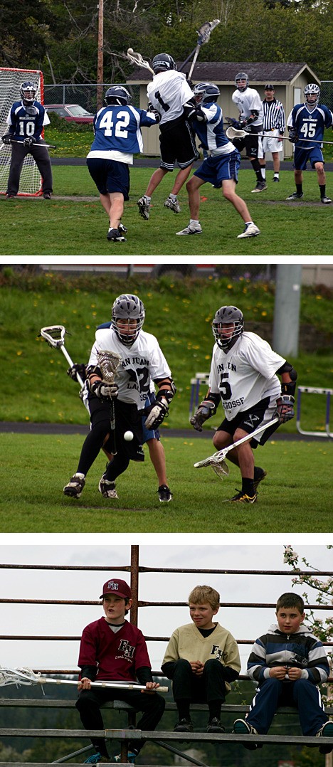 Top photo: San Juan attackman Forest Dayton gets double-teamed while trying to make a pass in the first half. Middle photo: Junior midfielder Cody West and senior midfielder Michael Ausilio make a move on a loose ball. Bottom photo: Three young fans check out the action from the stands.