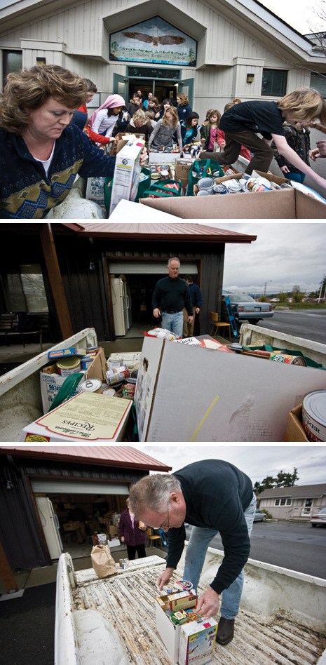 Top photo: Teacher Kim Warin helps Friday Harbor Elementary School students load 830 cans of food for transport to the Friday Harbor Food Bank. Middle photo: Volunteer Bob Carroll and Principal Gary Pflueger